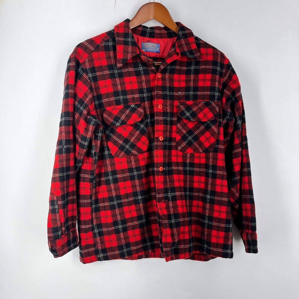 Pendleton Vintage Mens Red Black Plaid Wool Flannel Shirt Large Made in USA
